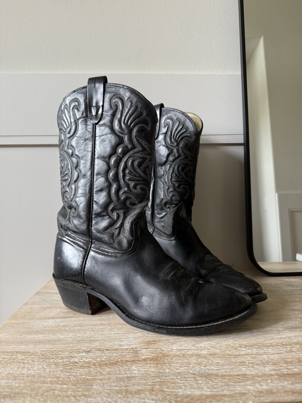 Men's Black Genuine Leather Cowboy Boots Size 12 American Made In Texas